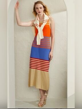 Etcetera Orange Blue Red Striped Knit Midi Dress with Cream Hem Size Medium